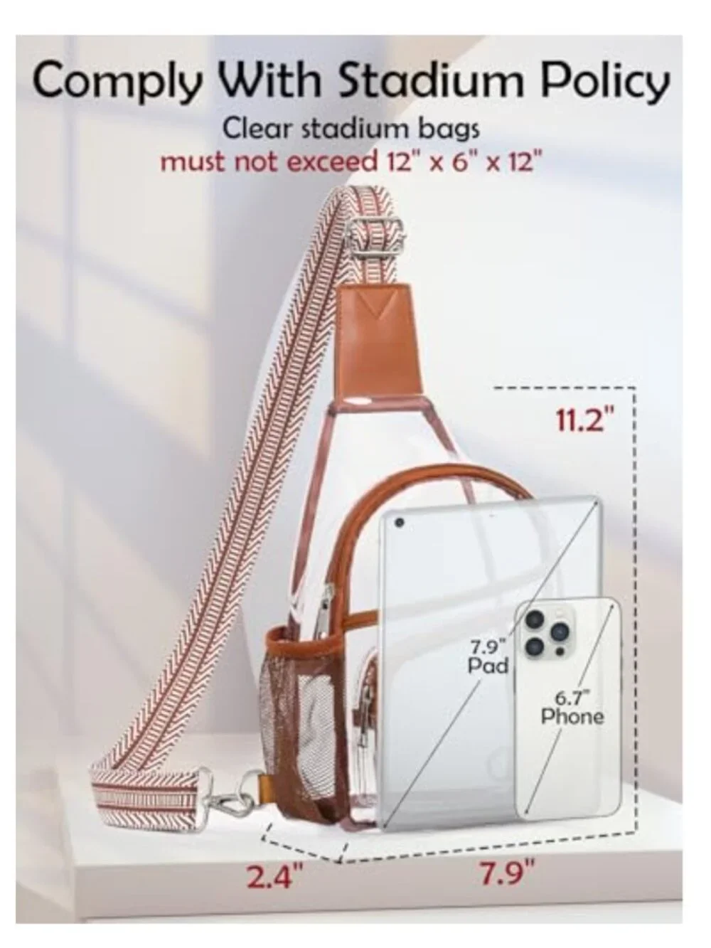 Stadium Approved Clear Crossbody Sling Bag with Water Bottle Pockets
